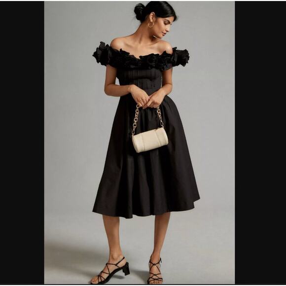 Maeve Ruffled Neckline Off Shoulder Pleated Corina Midi Dress Anthropologie - Picture 1 of 9